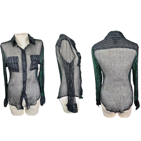 Resume' sheer black blouse with metallic gold silver 94% silk, 6% metal size M - Picture 1 of 4